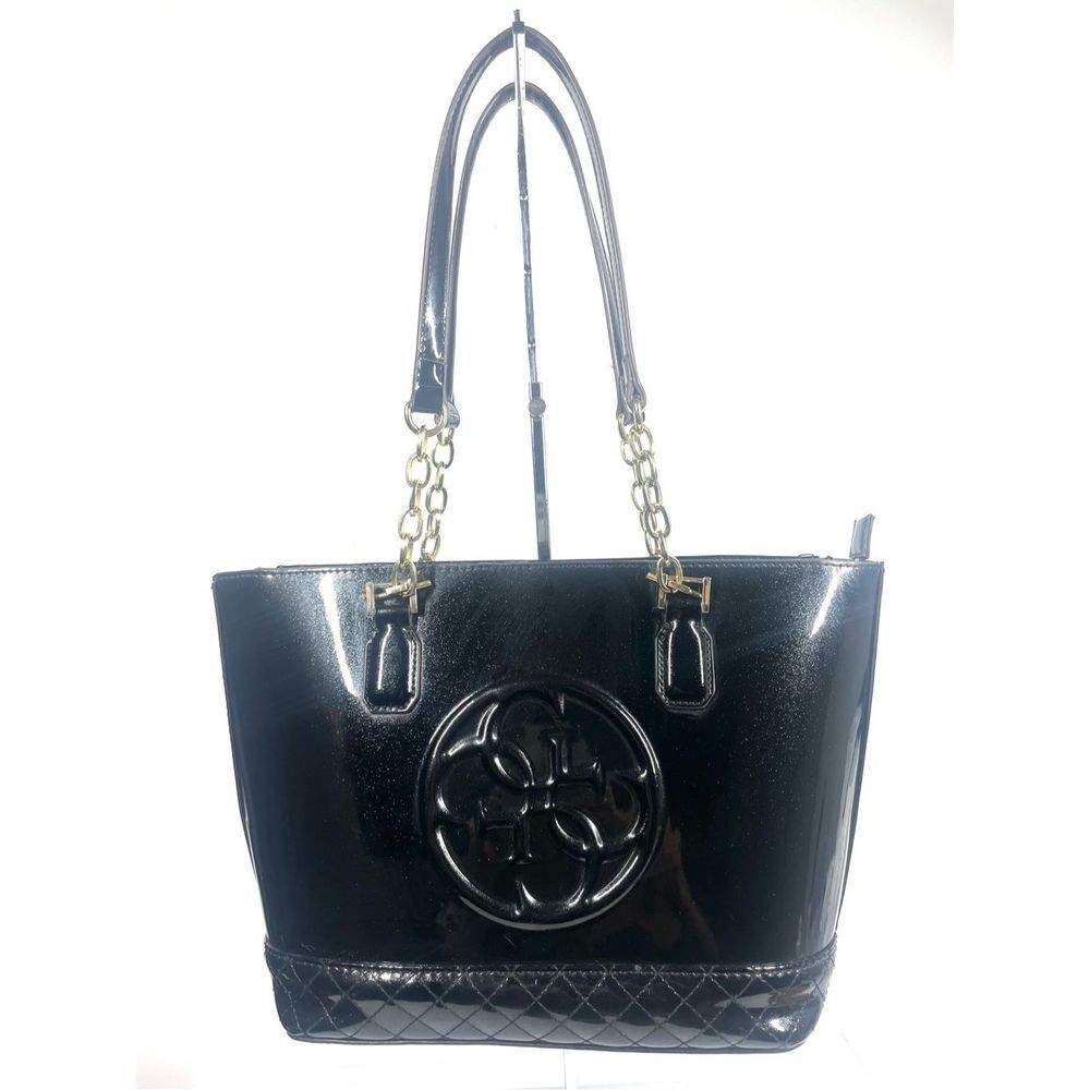 GUESS Medium Glitter Black Patent Shoulder Bag Tote Gold Hardware